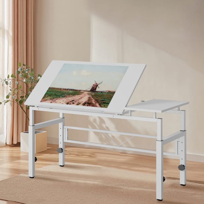 HAUSS SPOLE Tekentafel - Verstelbare Hoogte En Kantelbaar Blad - Voor Kantoor En Studie - MDF En Metaal - Wit - 77-100 Cm
