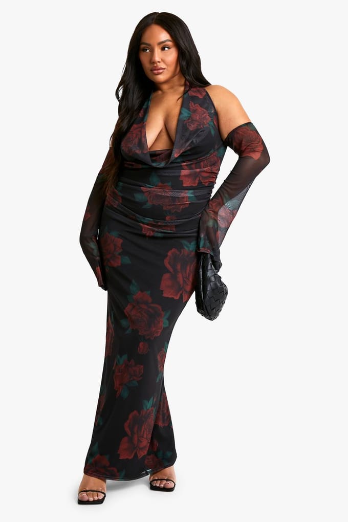boohoo Dames Plus Mesh Bedrukte Cowl Neck Ruched Maxi Jurk | Zwart | Maat: 56