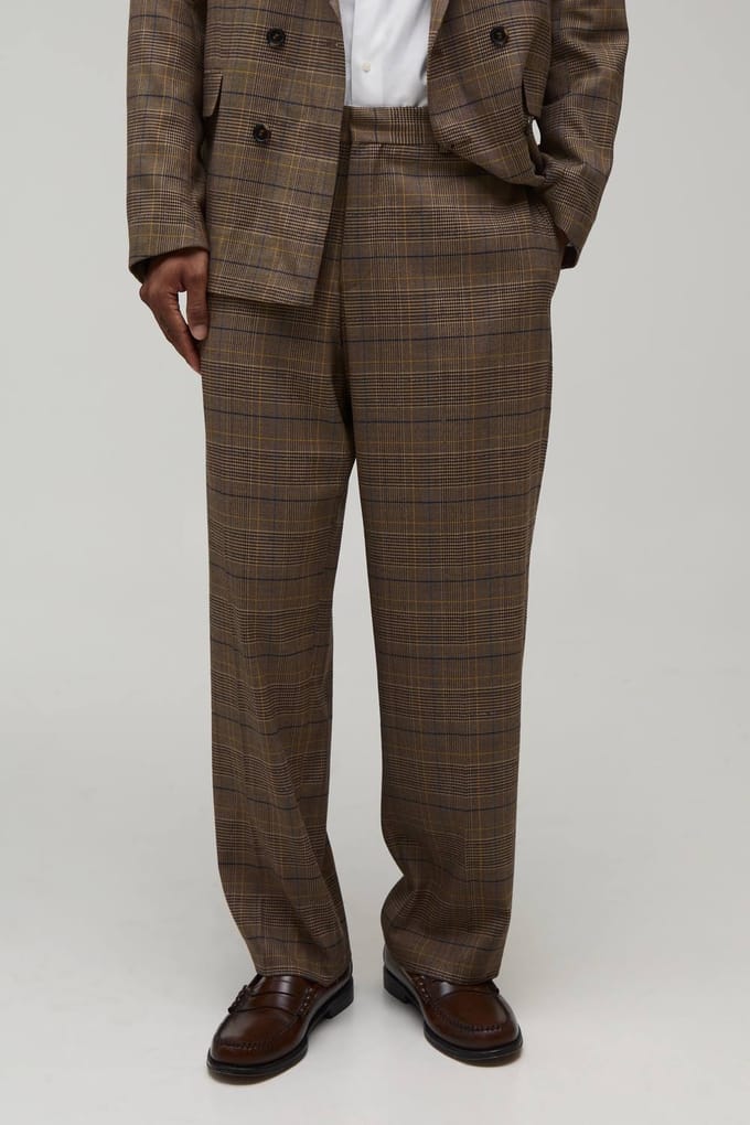 Checked Relaxed Fit Tailored Trousers | Chocolate | Size 42