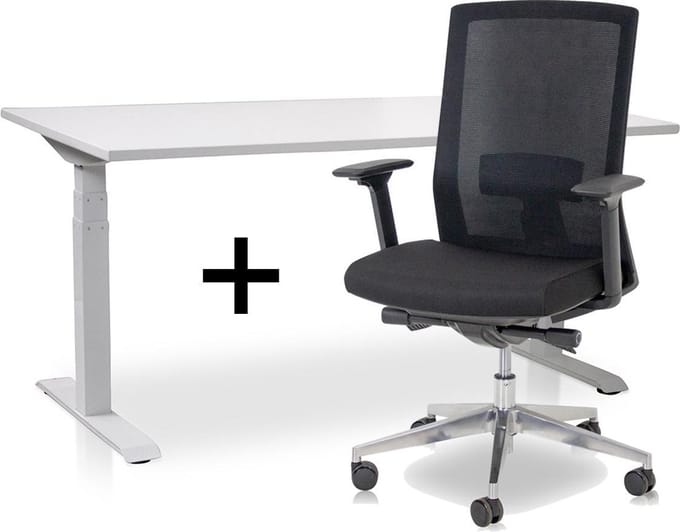 Zit-sta bureau elektrisch verstelbaar +  ERGO Bureaustoel | MRC PRO NEN-EN 527 Thuiswerkset | frame bureau wit - bureaublad wit | 140x80 cm