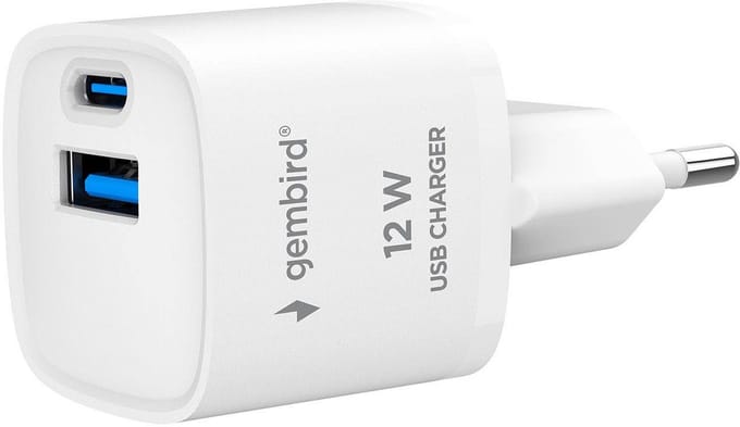Gembird USB Snellader 20W - 2 Poorten - USB-C en USB-A - Zonder LED Display - Wit