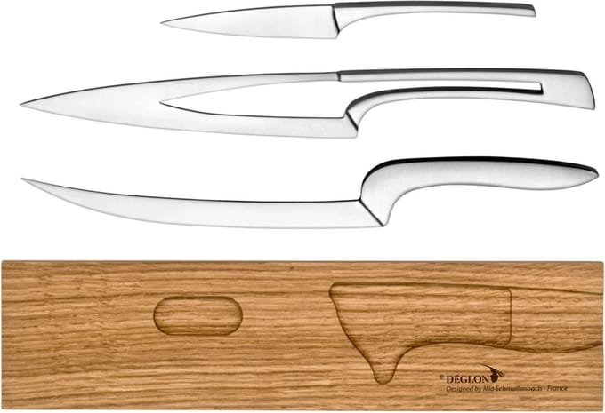 Déglon 3-delige messenset – Bourgondisch eikenhout – RVS – Elegant design – Inclusief messenblok