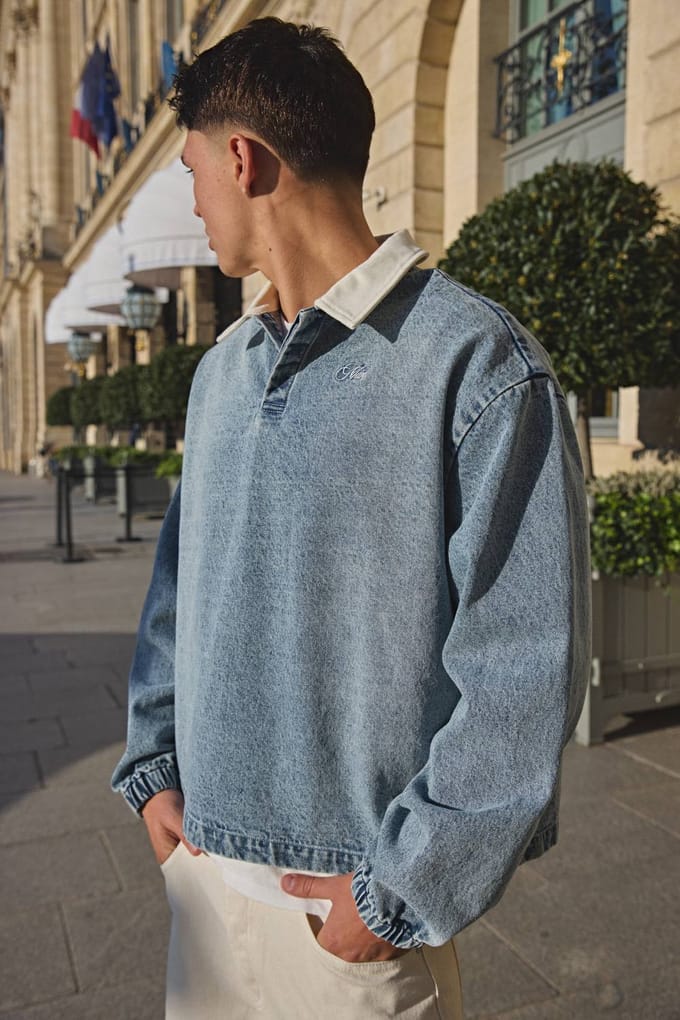 Geborduurd Gewassen Oversized Denim Rugby Shirt | Light Wash | Size Medium