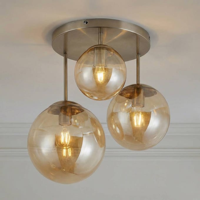 Lindby - plafondlamp - 3lichts - Glas, staal - H: 44 cm - E27 - amber, oud messing
