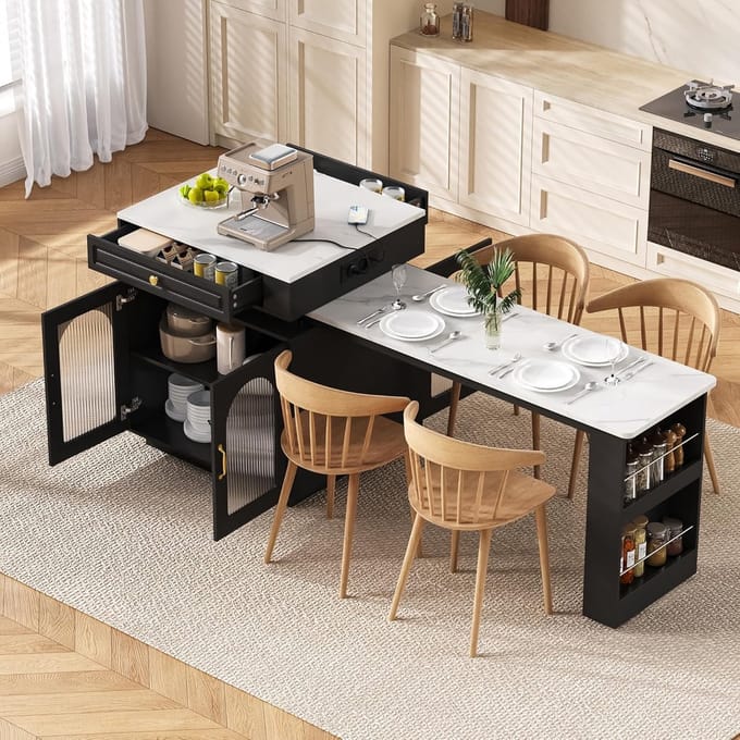 Vergrote Eettafel met USB-C, LED en Stopcontacten - Keukeneiland op Wielen