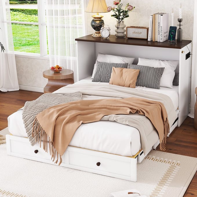 REDOM Bedframe 140x200 cm – Ombouwbaar bed met lades, USB & stopcontact – Grenen/MDF – Wit