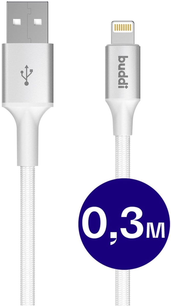 Buddi Flex | USB-A naar Lightning Kabel 12W Fast Charge | 480Mbps Dataoverdracht | Gevlochten Nylon | 0,3M Wit