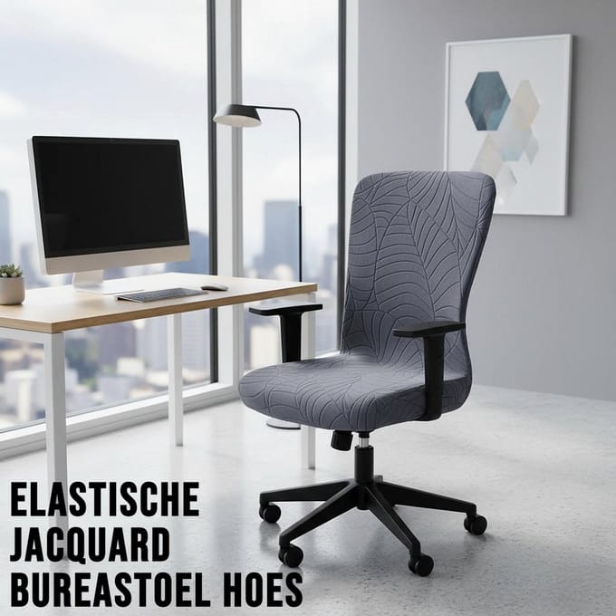 Allernieuwste.nl® Grijze Jacquard Bureaustoelhoes – Elastisch, Afneembaar & Wasbaar – Ingeweven Patroon