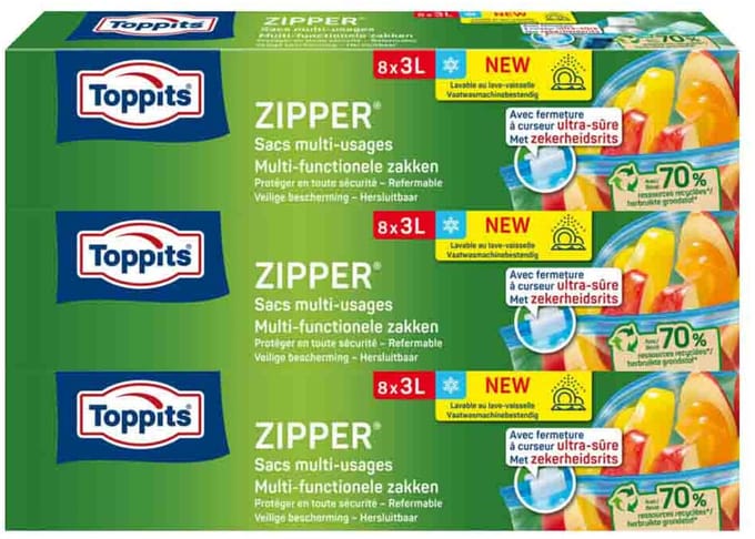 Toppits Zipper Multi-Functionele Zakken 3 liter - 3 x 8 stuks - Voordeelverpakking