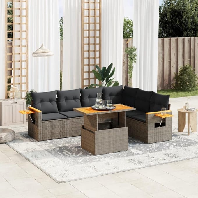 Loungeset tuin 7-delig – Poly - Grijs - – Poly rattan grijs kussens - Medahomestore