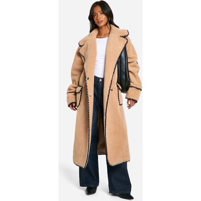 boohoo Dames Petite Longline Blanket Stitch Teddy Jas | Beige | Maat: 8