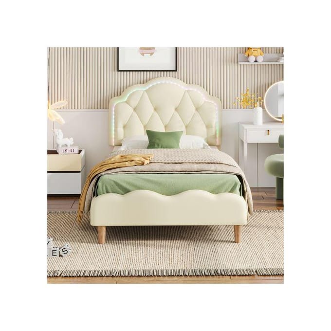 Lit rembourré - MUVOE - 90x200 cm - Tête de lit ondulée - Bandes LED multicolores - PU blanc blanc