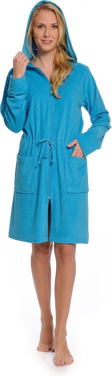 Rits badjas dames kort – met capuchon – lichtgewicht – dun – sauna - dames badjas met ritssluiting - aquablauw - maat M