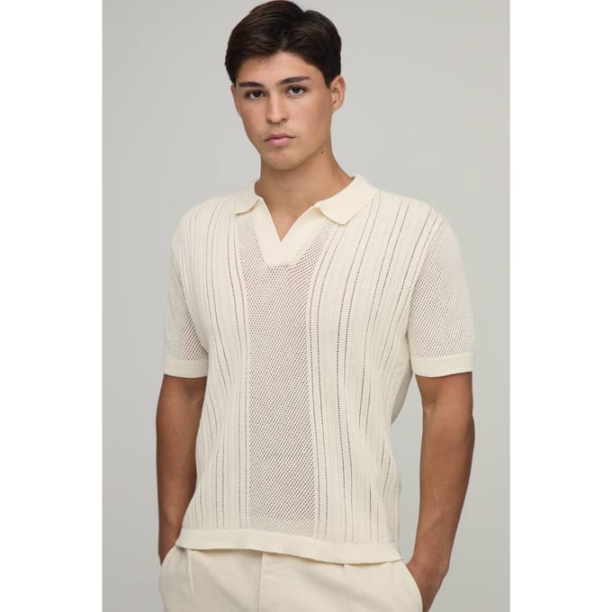 Boxy Fit V Neck Open Rib Knitted Polo T-Shirt | Ecru | Size Medium