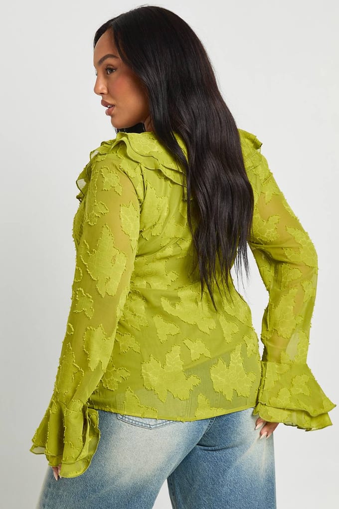 boohoo Dames Plus Ruche Burnout Blouse | Olijf | Maat: 46