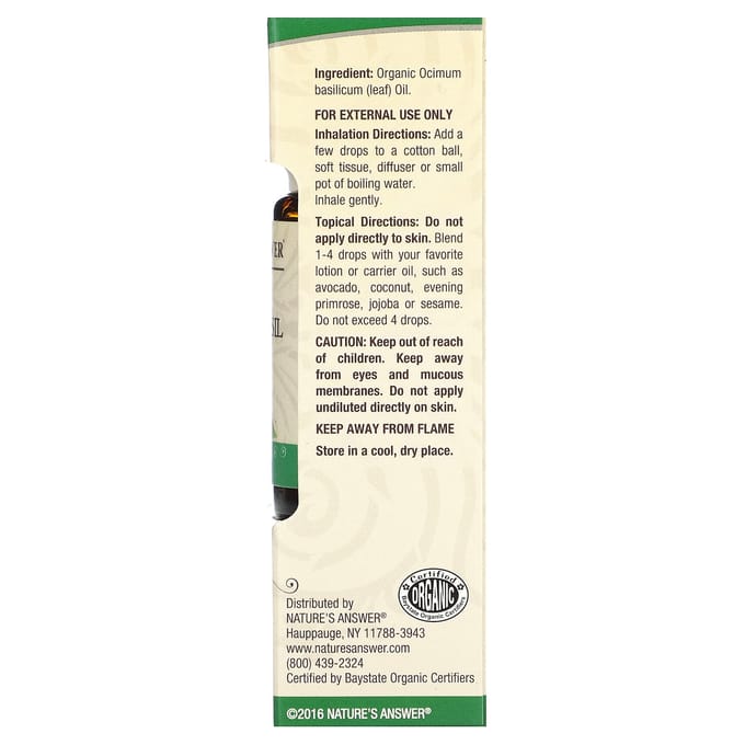 Nature'S Answer, 100% Pure Organic Essential Oil, Sweet Basil, 15 Ml (0.5 Fl Oz)