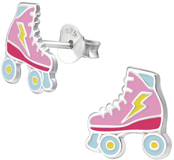 Joy|S - Zilveren rollerskates oorbellen - 9 mm - rolschaatsen oorknoppen - sterling zilver 925 - rolschaats - roze - kinderoorbellen