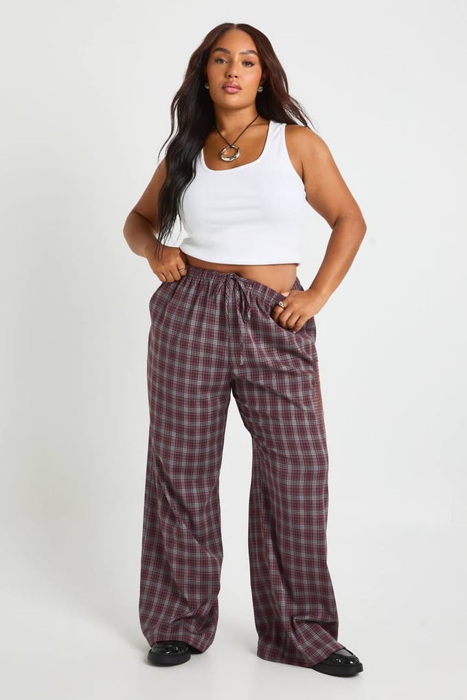 boohoo Dames Plus Check Trekkoord-taillebroek | Maroon | Maat: 18