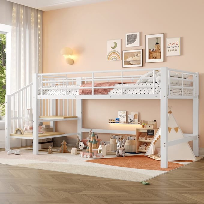 Halfhoogslaper 90x200 cm - Opbergtrap - Ruimtebesparend Ontwerp - Metaal - Wit