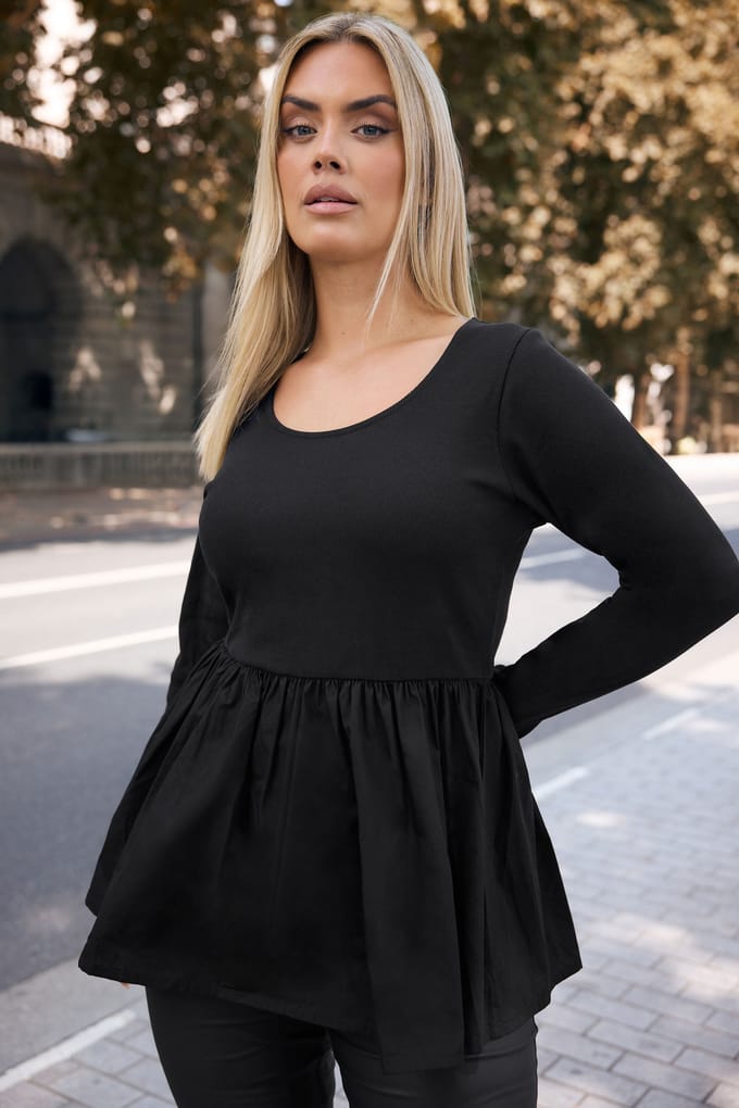 Yours Zwarte Gemengde Rib Peplum Top Size 50-52