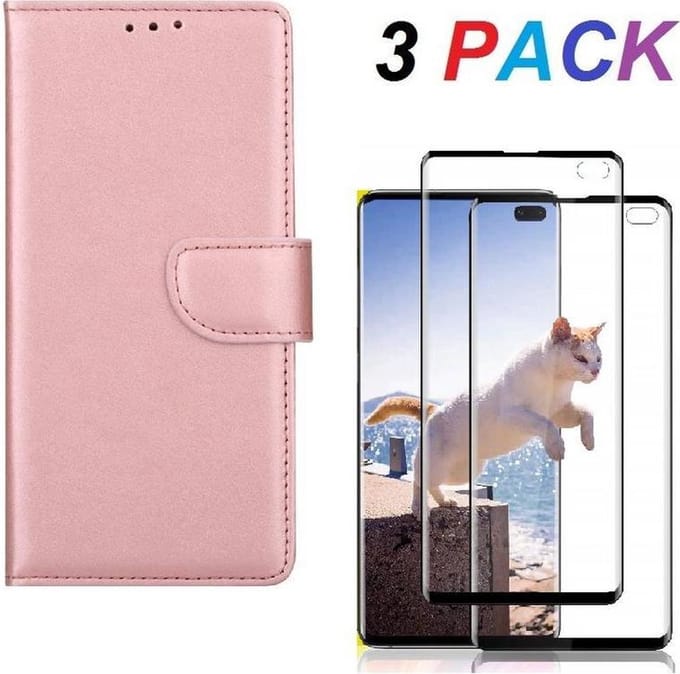 Bookcase hoesje Geschikt voor: Samsung Galaxy S10+ Portemonnee Rose Goud met 2 stuks Glas Screen protector