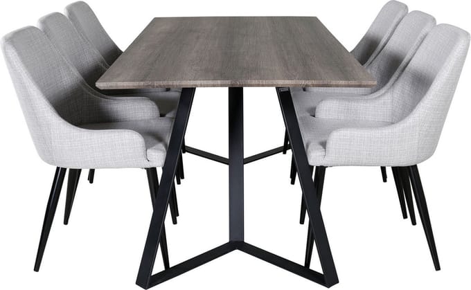 MarinaGRBL eethoek eetkamertafel el hout decor grijs en 6 Plaza eetkamerstal lichtgrijs, zwart.