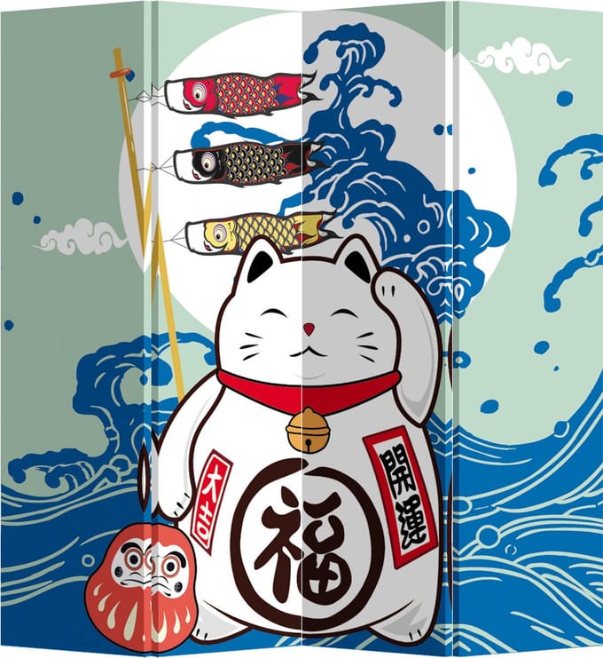 Fine Asianliving Kamerscherm Scheidingswand B160xH180cm 4 Panelen Lucky Cat