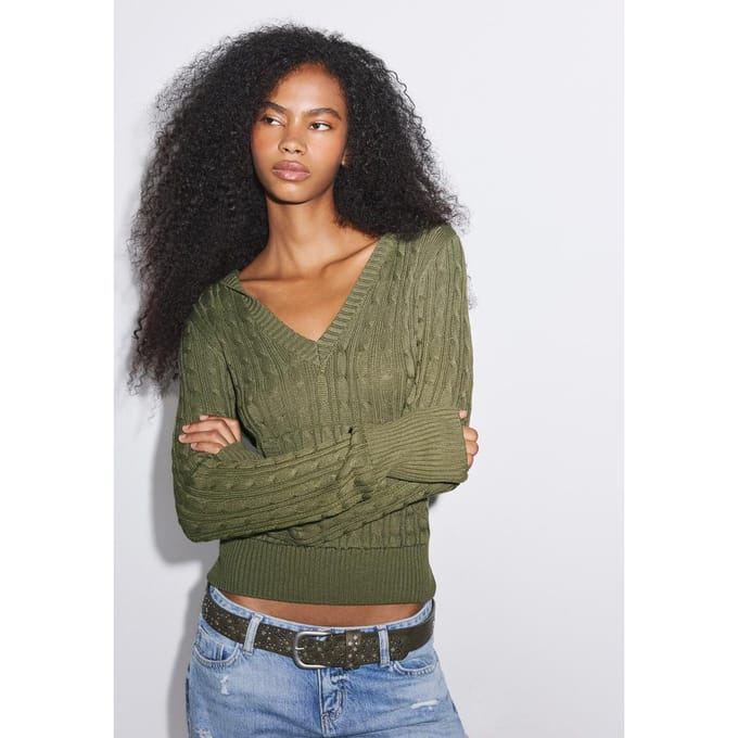 Stradivarius Trui met kabelmotief en capuchon  Kaki S