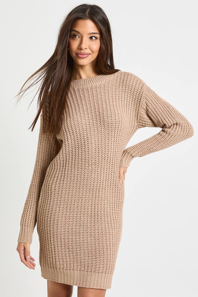 boohoo Dames Crew Neck Jumper Dress | Tan | Maat: Small/Medium