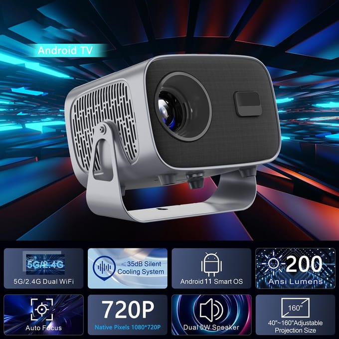 Slimme Projector Draagbaar Klein Android 11 Projector met 5G2.4G Dual WiFi BT 1080P 8000L 4K UK Plug zwart