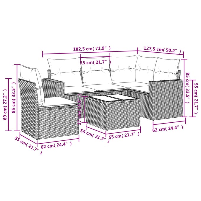 vidaXL - 6-delige - Loungeset - met - kussens - poly - rattan - bruin