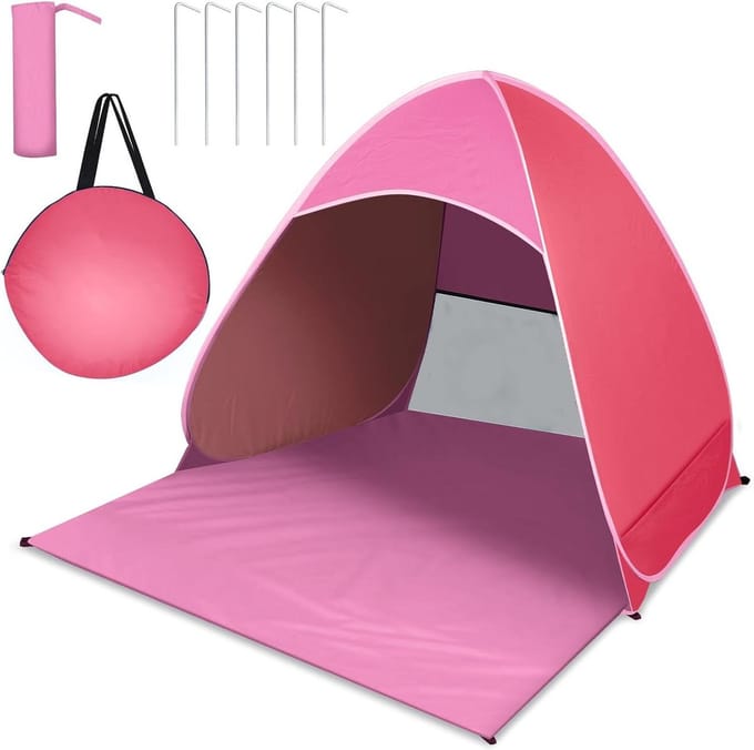 Pop-Up Beach Shelter UPF 50+ Portable Beach Tent Small Pack Size Includes Carry Bag and Pegs (Pink) - JOPHEK Beach Tent