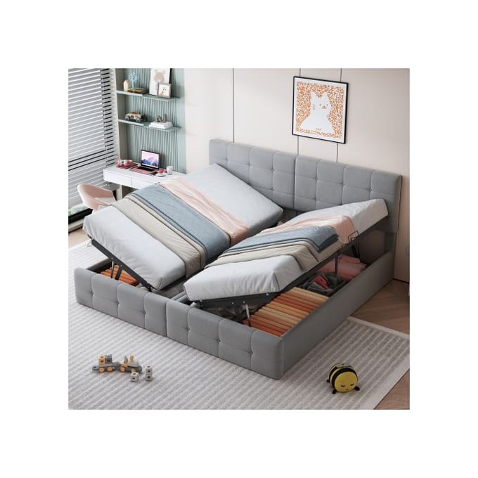 Gestoffeerd bed - MUVOE - 180x200 cm - Hydraulische opbergruimte - 2-in-1 - Grijs grijs