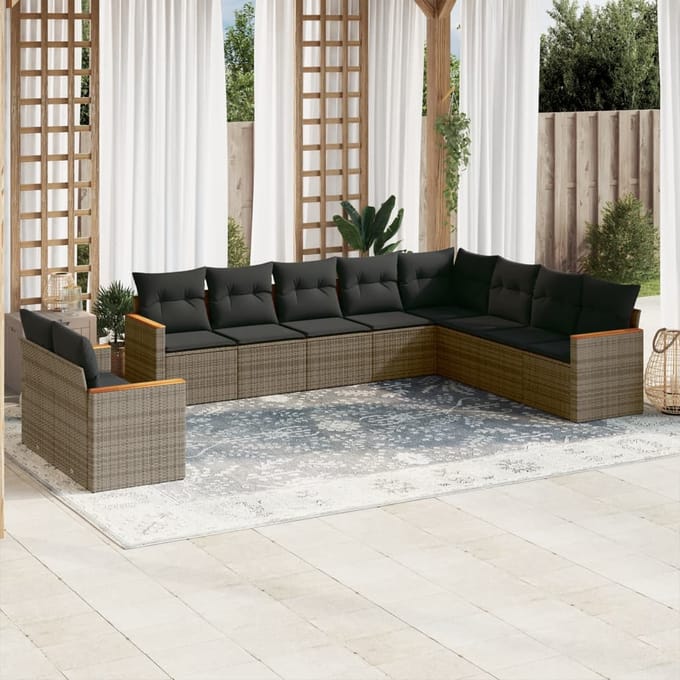 vidaXL - 10-delige - Loungeset - met - kussens - poly - rattan - grijs