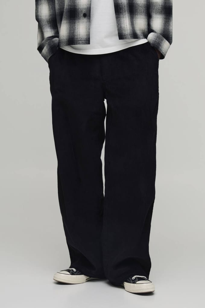 Baggy Corduroy Broek met Geweven Label | Black | Size Large