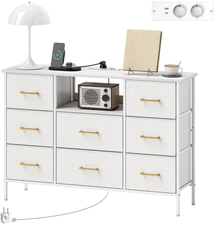 MODFU - Ladekast Met 8 Stoffen Laden En Laadstation - Elegant - Voor Hal - Polyester - Crèmewit - 110 X 30 X 76 Cm