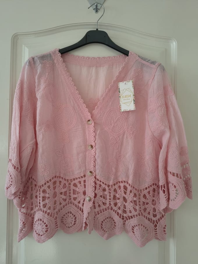 Dames vest Justa-effen roze-Maat M/L-driekwart mouwen