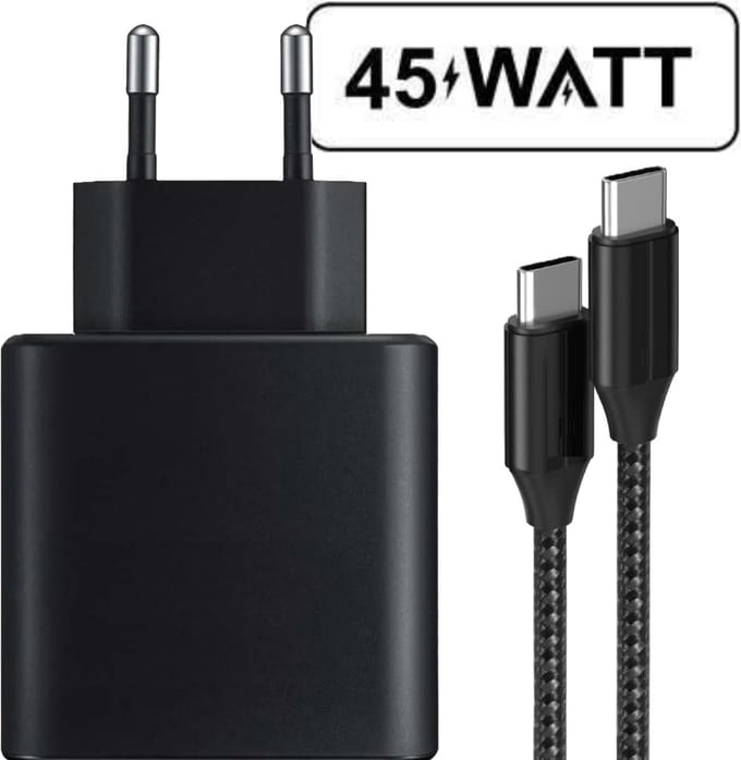 Usb-C Oplaadstekker + Nylon usb-C naar usb-C Oplader - 45w - Super Fast Charging - Universele Thuislader - Usb-C - Adapter voor S24,S23,Note,S22, S21, S20, Tablet S7, Tablet S8