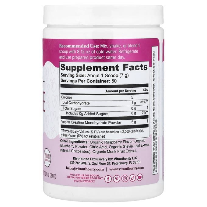 Vitauthority, Actief, Creatine Monohydraat voor Vrouwen, Framboos, 350g (12,34 oz)