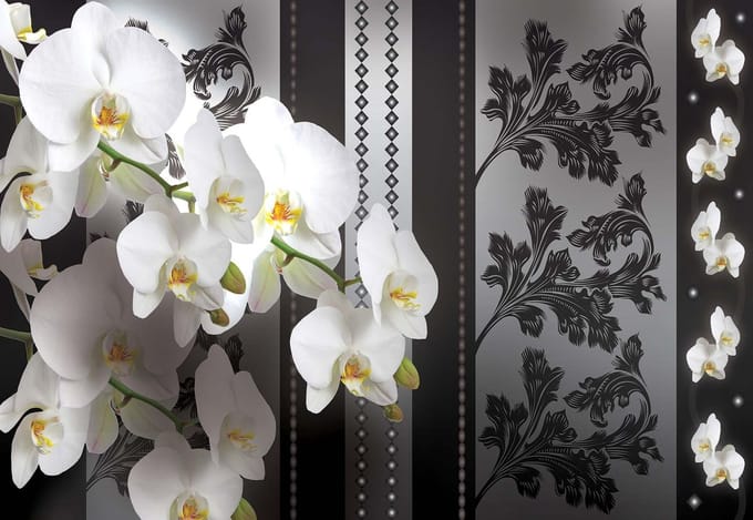 Fotobehang Flowers Floral Orchids Pattern | XL - 208cm x 146cm | 130g/m2 Vlies