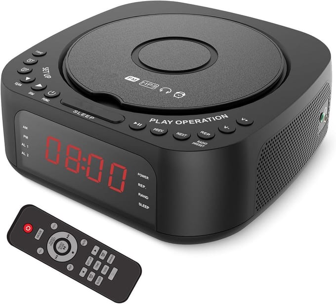 Fockety Alarm clock with CD player and remote control, Bluetooth alarm clock radio with speaker, FM radio, timer and LED display, boombox supports CD, Bluetooth, USB stick and AUX (EU plug)