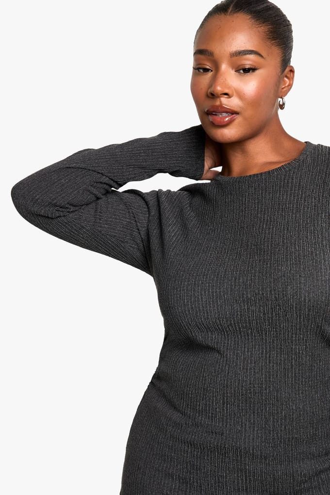 boohoo Dames Plus Gerimpelde Zijkant Lange Mouw Getextureerde Top | Charcoal | Maat: 16