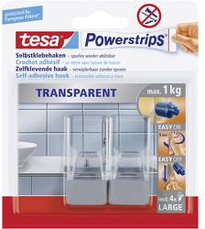 tesa POWERSTRIPS® Zelfklevende haak Large Transparant, Chroom Inhoud: 2 stuk(s)