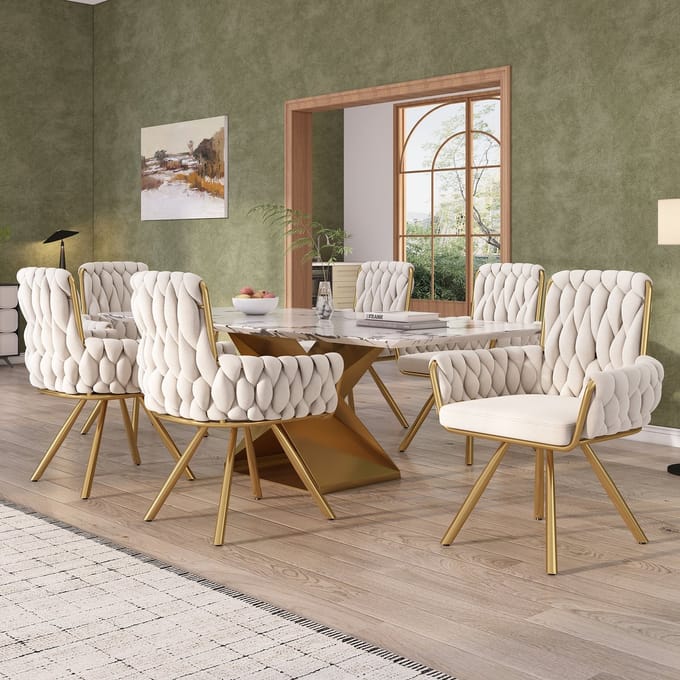 REDOM Eetkamerstoel Set Van 6 - Draaibaar Met Armleuningen - Modern - Fluweel - Beige