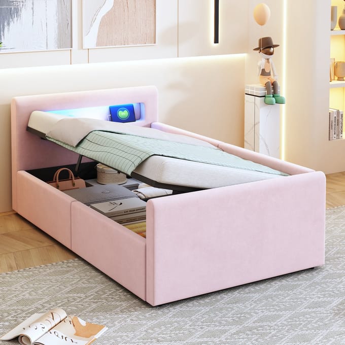 Gestoffeerd Kinderbed - 90x200 cm - LED + Nachtlicht + USB + Regal + Hydraulisch - Fluweel - Roze