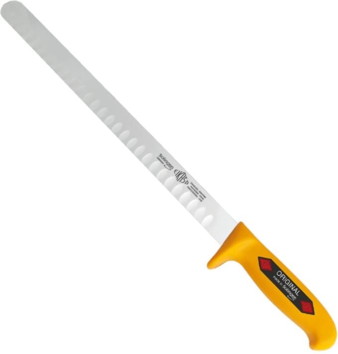 Eikaso Solingen Hammes/Zalmmes met Kuilen – 30 cm Lemmet – Semi Flexibel – Geel Heft