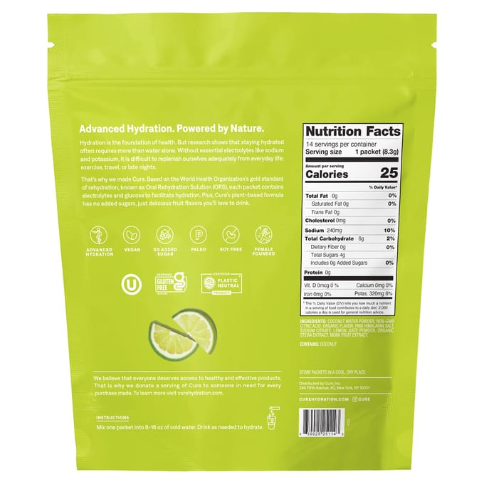 Cure Hydration, Hydraterende Elektrolytenmix, Limoen, 14 pakjes, 0,29 oz (8,3 gram) elk