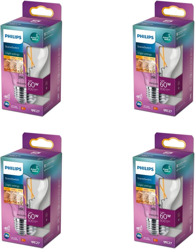 Philips Voordeelverpakking - E27 - SceneSwitch - LED Standaard lamp - Mat - 60W - Warmwit Licht - Set van 4 Stuks