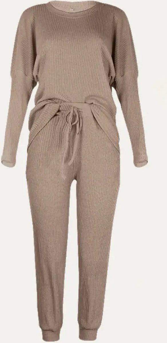 Mamsy Moment Collection - zachte en gezellige geribbelde 2-delige loungewear set - Taupe - S