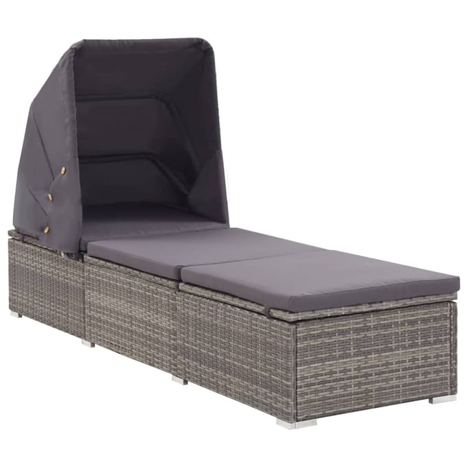 vidaXL - Ligbed - met - luifel - en - kussen - poly - rattan - grijs